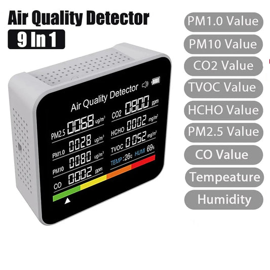 9 In 1 Air Quality Monitor CO2 Meter CO TVOC HCHO PM2.5 PM1.0 PM10 Temperature And Humidity Measurement Carbon Dioxide Detector